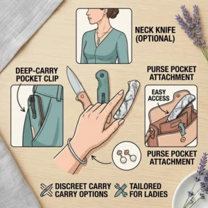 Graphic displaying various discreet carry and storage options for everyday use knives for ladies.