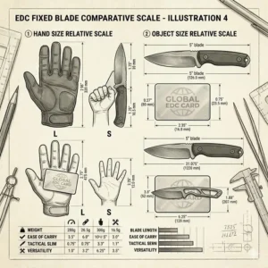 Scale comparison showing the dimensions of a compact fixed blade knife edc against a credit card.