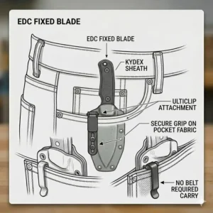 How an UltiClip provides maximum retention for a belt-less edc fixed blade pocket carry configuration.