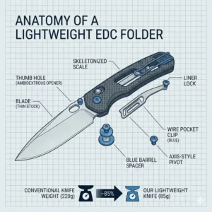 Diagram of a lightweight knife highlighting weight-saving features like a thin blade grind and wire pocket clip.