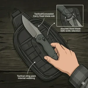 A discreet fixed blade edc knife stored inside a tactical concealed carry sling bag.