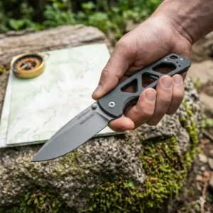 Close-up of a skeletonized or textured handle on a lightweight backpacking knife designed for a secure, ergonomic grip.