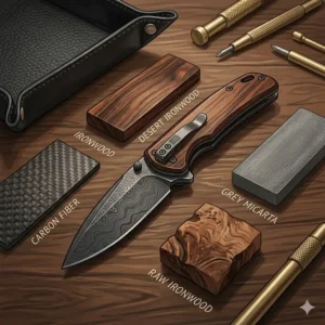 Showcase of wood and carbon fiber handles available for unique edc knives for the modern gentleman.