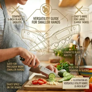 Illustration of a 5-inch utility knife used for precise vegetable slicing as the best knife for woman daily tasks.