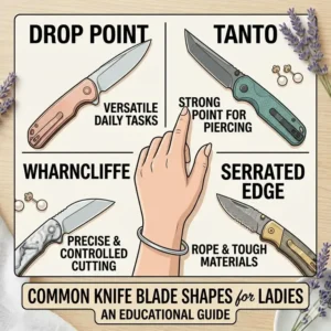 Educational guide to the different blade shapes and utility functions of modern knives for ladies.