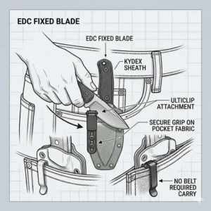Close-up of a hand quickly accessing the handle of an edc fixed blade pocket carry knife from the pocket.