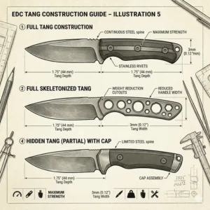 Graphic explaining full tang and skeletonized tang options for a fixed blade knife edc.