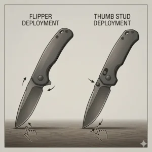Comparison of flipper and thumb stud opening mechanisms on unique edc knives for the modern gentleman.