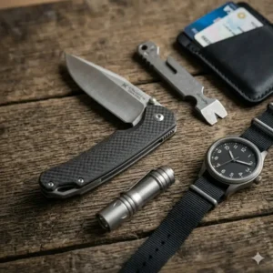 An everyday carry (EDC) kit featuring a light weight folding knife alongside a watch and flashlight.