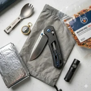 An ultralight hiking kit flat lay featuring a lightweight knife as a core piece of essential backpacking equipment.
