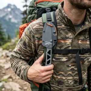 A lightweight Kydex sheath attached to the shoulder strap of a backpack for quick access to a lightweight backpacking knife.