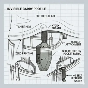 An invisible carry profile showing zero printing with an edc fixed blade pocket carry under a t-shirt.