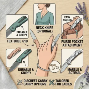 Visual grid of aesthetic handle materials and stylish color palettes available for knives for ladies.