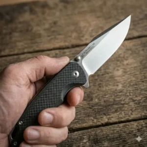 A light weight folding knife placed next to a credit card for a clear size comparison.