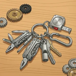Illustration 7: A miniature retractable tape measure tool added to a collection of functional key chain tools.