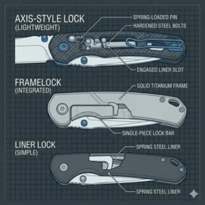 Illustration comparing different knife locking mechanisms that contribute to a lightweight knife and secure folding knife design.