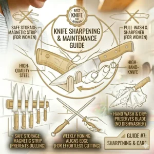 An illustration of proper sharpening and storage tools to maintain the best knife for woman in the kitchen.