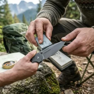 A person using a portable whetstone to maintain the edge of their lightweight backpacking knife in the field.