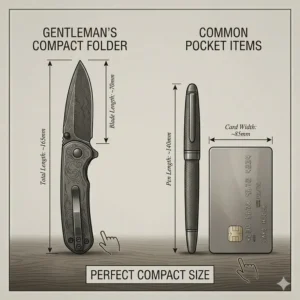 Size comparison chart featuring unique edc knives for the modern gentleman next to a credit card and pen.