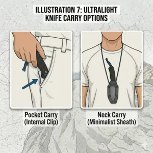 Illustration 7: A close-up technical drawing of the sharp edge geometry and blade grind on a professional ultralight knife.