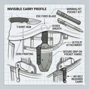 A modern EDC layout featuring a minimalist wallet, flashlight, and an edc fixed blade pocket carry tool.