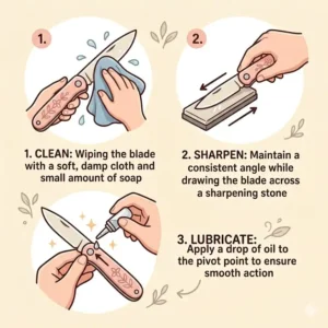 Step-by-step instructions for the proper cleaning and sharpening maintenance of knives for ladies.