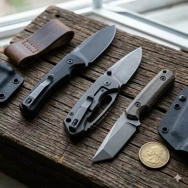 A collection of the best iwb knife options for concealed carry on a wooden background.