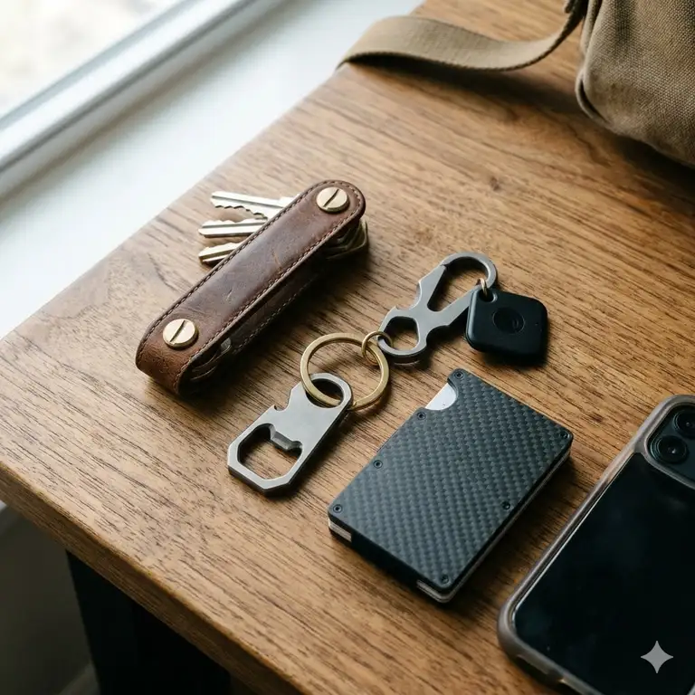 A curated flat lay of everyday carry items including a leather wallet, minimalist key accessories, and a smartphone on a wooden desk.