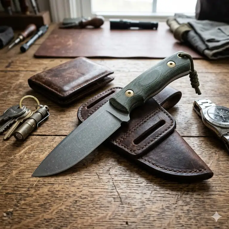 A premium everyday carry fixed blade knife with a leather sheath resting on a wooden desk next to a wallet and keys.