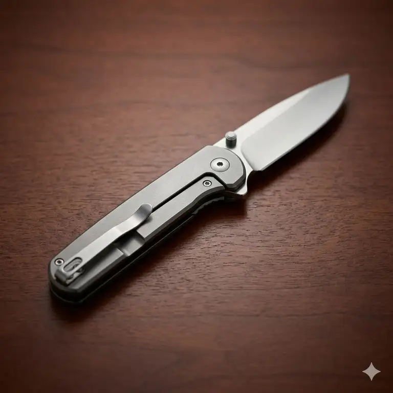 A featured image of a slim and stylish executive pocket knife on a mahogany desk.