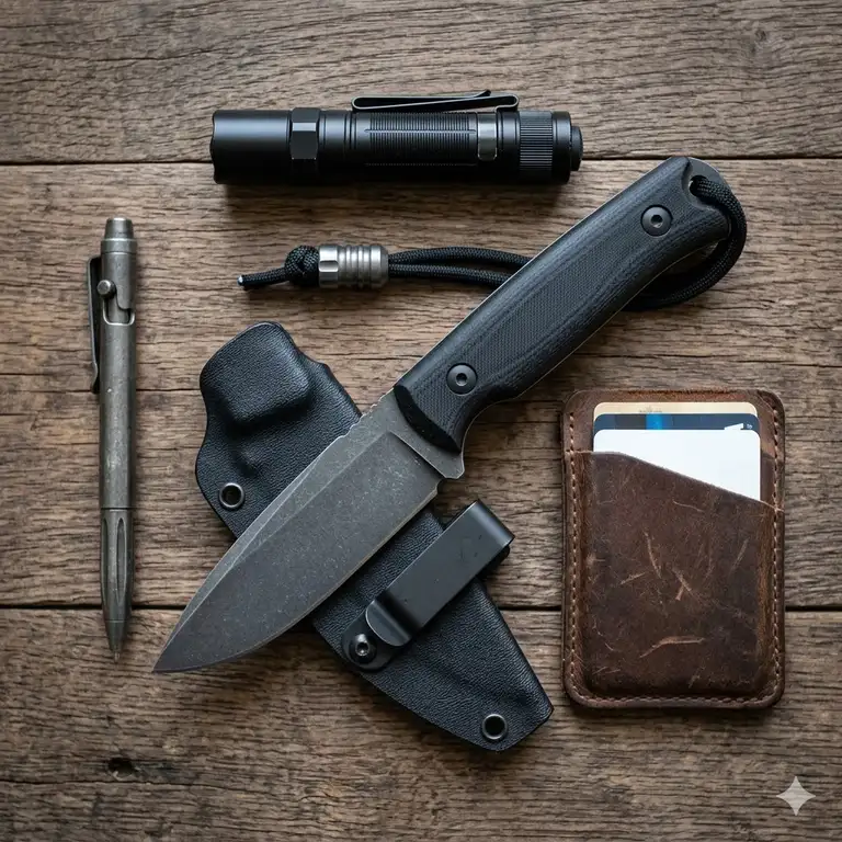 A professional flat lay of a premium edc fixed knife with a leather sheath, flashlight, and wallet on a wooden surface.
