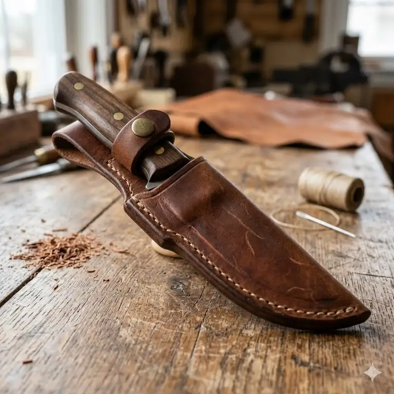 A handcrafted brown leather sheath holding a fixed-blade hunting knife on a rustic wooden table.