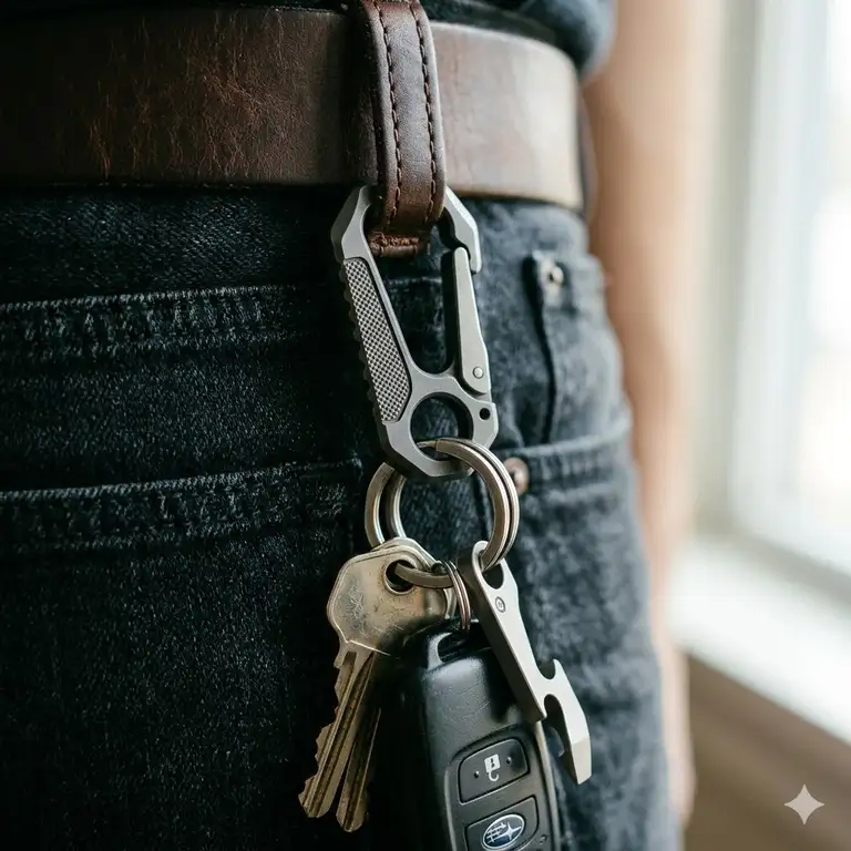 A close-up of a sleek titanium key clip attached to a leather belt loop holding a set of car keys.