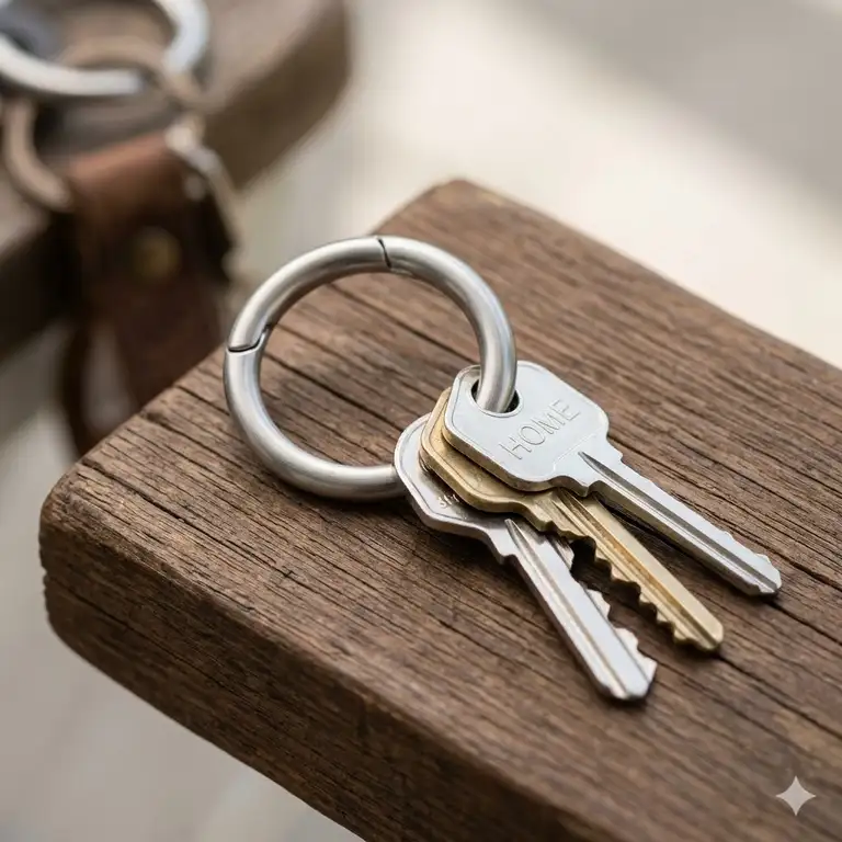 A premium stainless steel ring key ring holding house keys on a wooden table, showcasing a sleek everyday carry design.