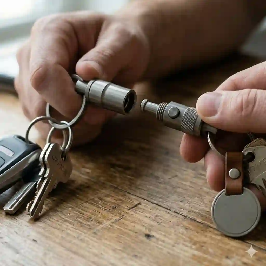 A close-up shot of a titanium quick release key ring being pulled apart to separate car keys from house keys on a wooden table.