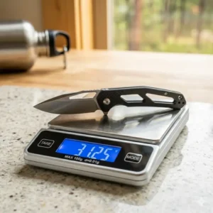 A digital scale showing the precise weight in grams of the best ultralight backpacking knife for weight-conscious hikers.