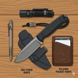A side-by-side size comparison between a standard folding pocket knife and a compact edc fixed knife.