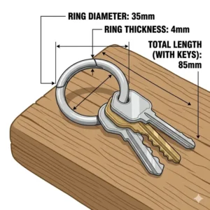 : A technical dimension diagram of a standard flat ring key ring showing outer and inner diameter measurements in millimeters.
