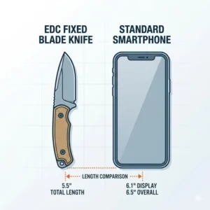 A size comparison of an everyday carry fixed blade knife next to a standard smartphone for scale.