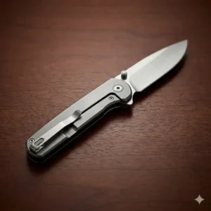 An illustration showing a size comparison of an executive pocket knife next to a credit card.