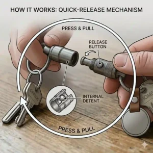 A step-by-step diagram illustrating how to press the button mechanism on a quick release key ring to detach the two halves.