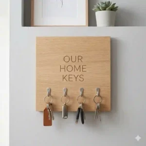 Minimalist wall-mounted key chain holder custom installed in a modern home entryway.