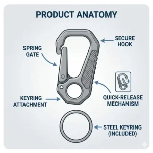 An instructional diagram highlighting the spring gate, quick-release mechanism, and keyring attachment of a modern key clip.