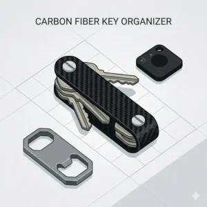 An illustration of a sleek black carbon fiber key organizer holding multiple key accessories compactly.