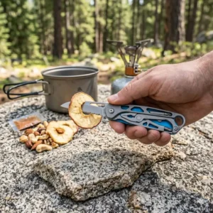 A versatile best ultralight backpacking knife multi-tool being used to prepare food at a backcountry campsite.
