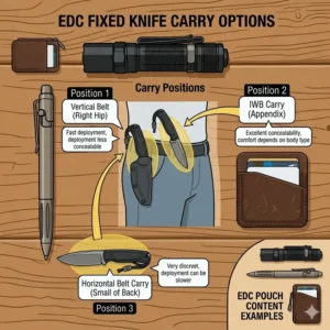 Illustration showing various everyday carry positions such as belt and IWB for an edc fixed knife.