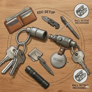 An everyday carry layout featuring a quick release key ring alongside a pocket knife, wallet, and flashlight.