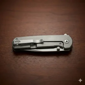 An close-up view of the deep-carry pocket clip on an executive pocket knife in a trouser pocket.