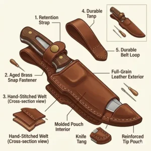 An illustration of the step-by-step process of cutting and tooling a custom leather sheath.
