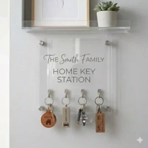 Clear acrylic key chain holder custom featuring a personalized family name engraving.